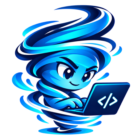 Mascote azul Hurricane trabalhando em um notebook
