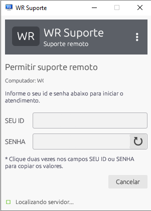 Janela do cliente WR Suporte para permitir atendimento remoto; ID, senha e nome do computador foram ocultados.